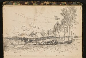 Landschaft mit Bäumen und einem Bauernhof (Seite aus einem Skizzenbuch)