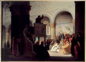 Savonarola (1452-1498) predigt in San Miniato in Florenz. Girolamo Savonarola (1452-1498), Dominikanermönch und italienischer Prediger, der Florenz von 1494 bis 1498 regierte. Gemälde von Hippolyte Flandrin (1809-1864)