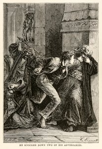 Er schlug zwei seiner Gegner nieder, aus In 80 Tagen um die Welt von Jules Verne, graviert von Louis Dumont, 1873