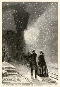 Ein riesiger Schatten, begleitet von einem flackernden gelben Schein, aus In 80 Tagen um die Welt von Jules Verne (1828-1905) graviert von Adolphe François Pannemaker (1822-1900), 1873 von Hippolyte Leon after Benett