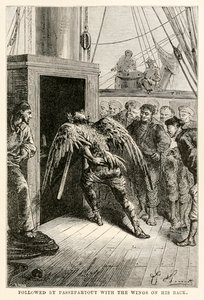 Gefolgt von Passepartout mit den Flügeln auf dem Rücken, aus In 80 Tagen um die Welt von Jules Verne (1828-1905), graviert von Adolphe François Pannemaker (1822-1900), 1873 von Hippolyte Leon after Benett