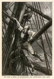 Er packte alles an und erstaunte die Besatzung, aus In 80 Tagen um die Welt von Jules Verne (1828-1905) graviert von Henri-Théophile Hildebrand (1824-97), 1873 von Hippolyte Leon after Benett