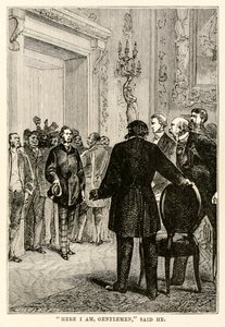 Hier bin ich, meine Herren, sagte er, aus In 80 Tagen um die Welt von Jules Verne (1828-1905) graviert von Henri-Théophile Hildebrand (1824-97), 1873 von Hippolyte Leon after Benett