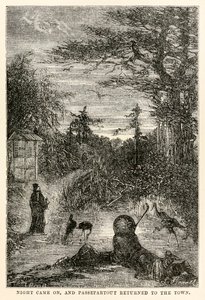 Die Nacht brach herein, und Passepartout kehrte in die Stadt zurück, aus In 80 Tagen um die Welt von Jules Verne (1828-1905), graviert von Louis Prevost, 1873 von Hippolyte Leon after Benett