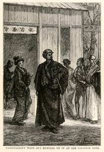 Passepartout ging in einem alten japanischen Gewand eingehüllt hinaus, aus In 80 Tagen um die Welt von Jules Verne (1828-1905), graviert von Louis Prevost, 1873 von Hippolyte Leon after Benett