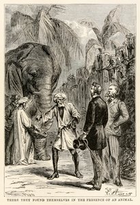 Dort fanden sie sich in der Gegenwart eines Tieres, aus In 80 Tagen um die Welt von Jules Verne, graviert von Adolphe François Pannemaker, 1873 von Hippolyte Leon after Benett