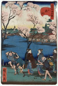 Shinobazu-Teich, Tokio, Japan: Gruppe von Menschen, die entlang des Ufers des Shinobazu-Teichs spazieren, mit Kirschblüten und Häusern im Hintergrund