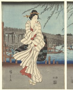 Berühmte Orte in der östlichen Hauptstadt: Genießen einer Abendbrise bei der Ryogoku-Brücke von Hiroshige (I) , Utagawa