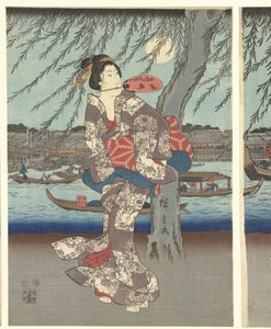 Berühmte Orte in der östlichen Hauptstadt: Genießen einer Abendbrise bei der Ryogoku-Brücke von Hiroshige (I) , Utagawa