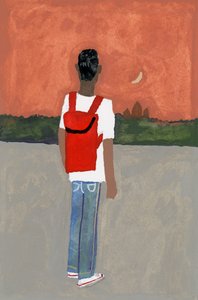 Ein Reisender mit rotem Rucksack, 2016
