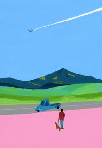 Flugzeug und Pickup-Truck und Hund und Wiese von Hiroyuki Izutsu