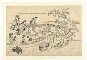 Musizierende Gesellschaft unter einem Kirschbaum (Kirschblüten betrachten in Ueno) von Hishikawa Moronobu (attributed to)