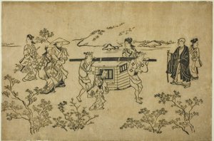 Ein vorbeiziehender Palankin, aus der Serie "Szenen der Blumenbetrachtung in Ueno (Ueno hanami no tei)" von Hishikawa Moronobu