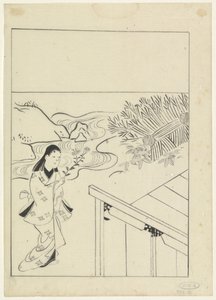 Landschaft mit einer Frau mit einem Blumenstrauß in der Hand von Hishikawa Moronobu