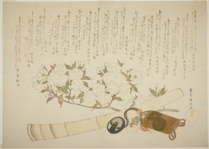 Ein Zweig weißer Pfirsichblüten, ein Inro-Etui und eine Hotchiku-Flöte von Hishikawa Sori III
