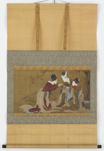 Drei Shirabyoshi trinken Sake, der über einem Feuer aus Herbstblättern erhitzt wird, Edo-Zeit, 1800-1850