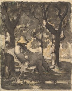 Ein Mann liest in einem Garten, 1825-79 von Honoré Daumier