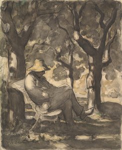Ein Mann liest in einem Garten, ca. 1865 von Honoré Daumier