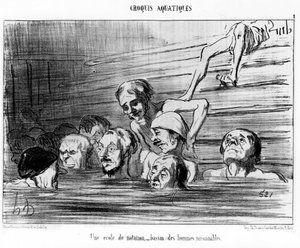 Eine Schwimmschule, ein Pool vernünftiger Männer: Illustration aus der Serie „Sommer-Skizzen“, Karikaturen über das Schwimmen von Honore Daumier (1808-1879). „Charivari“