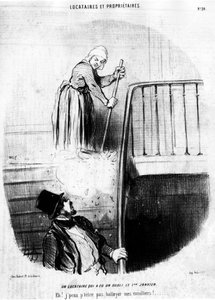 Ein Mieter, der am 1. Januar etwas vergessen hat. Hey! Ich kann meine Kletterer nicht werfen! , aus „Mieter und Eigentümer“, Karikaturenserie von Honore Daumier (1808-1879). „Charivari“