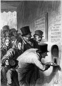 Ein Theaterfenster. Karikatur von Honore Daumier (1808-1879). Gravur in „Le Monde Illustré“ Nr. 269 vom 7. Juni 1862. von Honoré Daumier
