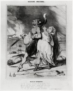 Alte Geschichte: Menelaos Sieger, Karikatur zur Illustration eines Auszugs aus der Ilias von Homer: „Auf den rauchigen Mauern des prächtigen Troja, Menelaos, Sohn der Götter, wie eine reiche Beute, entführt seine blonde Helena und bringt sie zu seinem Hof, von Honoré Daumier