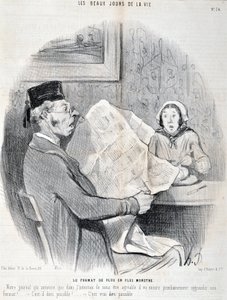 Werk von Honore Daumier: Serie THE BEAUTY DAYS OF LIFE. Das zunehmend monströse Format „Unsere Zeitung kündigt an, dass sie, um Ihnen angenehm zu sein, bald ihr Format weiter vergrößern wird! Ist das möglich, Gott?“ von Honoré Daumier