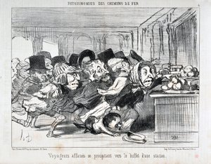 Serie „Physiognomien der Eisenbahnen“. „Hungrige Reisende stürzen sich auf das Buffet einer Station“.