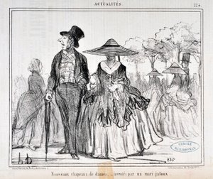Werk von Honore Daumier (1855): Serie Actualites „Neue Damenhüte, erfunden von einem eifersüchtigen Ehemann“ von Honoré Daumier