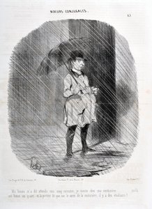 Charivari von 1842: Serie MORES CONJUALES. Meine Frau sagte mir, ich solle fünf Minuten warten, ich gehe zu meiner Schneiderin, vor einer Stunde und einer Viertelstunde, und die Tür sagt, dass auf dem Platz der Schneiderin Studenten sind! MUSEE DES BEAUX A von Honoré Daumier