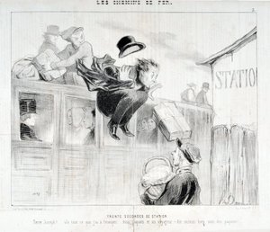 Serie „Die Eisenbahnen“. „Dreißig Sekunden Station - Tiens Joseph! Hier ist alles, was ich dir schicken muss... drei Pakete und ein Reisender - Vor allem achte auf die Pakete“. von Honoré Daumier