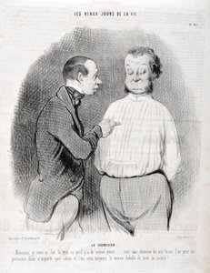 Werk von Honore Daumier (1808-1879). Charivari stammt aus dem Jahr 1845: Serie LES BEAUX DAYS DE LA VIE. Die Bluse - Herr, ich habe Ihnen das beste Kleidungsstück gemacht... mit einem Hemd auf meine Weise können Sie sich in jedem Wohnzimmer präsentieren un von Honoré Daumier