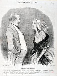 Werk von Honore Daumier (1845): Serie LES BEAUX DAYS DE LA VIE. Verpflichtung eines Künstlers „Sie wollen eine Verpflichtung für mein Theater... es ist sehr gut, Fräulein... wie hübsch Sie sind, für Sie wird es nur zwölfhundert Francs kosten... das“ von Honoré Daumier