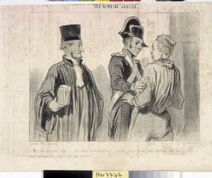 Werk von Honore Daumier (1845): Serie LES PEANS DE JUSTICE. „Mein Lieber, was willst du... wir hatten Pech... ich konnte deine Unschuld diesmal nicht beweisen... aber bei deinem nächsten Flug hoffe ich, glücklicher zu sein.“ von Honoré Daumier