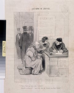 Werk von Honore Daumier (1845): Serie LES PEANS DE JUSTICE. „Müssen Sie einen Brief schreiben, um ihn zärtlich zu machen? - Einen Gerichtsvollzieher anwesend! Sind Sie nicht Franzose, mein guter Mann?“ von Honoré Daumier