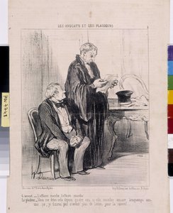 Serie „Die Anwälte und die Streitenden“. „Der Anwalt - der Fall läuft, der Fall läuft! Der Streitende - Das sagen Sie mir seit vier Jahren, wenn sie so lange läuft, werde ich am Ende...“. von Honoré Daumier