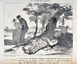 Werk von Honore Daumier (1853): Serie LES PLAISIRS DE LA CAMPAGNE „Ich bin sicher, wir bilden eine charmante Gruppe, alle drei zusammen... nicht wahr, Caroline... oh, sie antwortet nicht! Sie ist wahrscheinlich schon eingeschlafen“ von Honoré Daumier