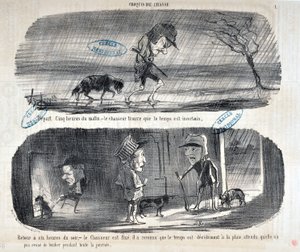 Werk von Honore Daumier (1808-1879) Charivari aus dem Jahr 1853: Serie Sketches de Chasse „Abfahrt um fünf Uhr morgens, - der Jäger stellt fest, dass das Wetter unsicher ist“ „Rückkehr um sechs Uhr abends, - der Jäger ist sich sicher, er hat erkannt, dass“