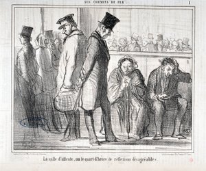 Werk von Honore Daumier (1808-1879). Charivari stammt aus dem Jahr 1855: Serie LES Chemins de fer - Der Warteraum oder das Viertelstunde der unangenehmen Reflexionen. MUSEE DES BEAUX ARTS - PALAIS LONGCHAMP, MARSEILLE