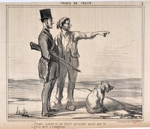 Werk von Honore Daumier (1808-1879) Charivari stammt aus dem Jahr 1857: Serie Skizzen der Jagd - Halt... ich habe einen Hafen gesehen, der dort war... - Ist das schon lange her? MUSEUM DER SCHÖNEN KÜNSTE - PALAST LONGCHAMP, MARSEILLE