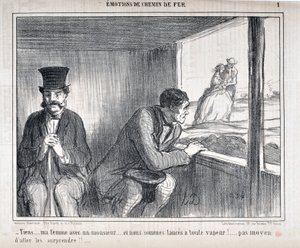 Werk von Honore Daumier (1808-1879) Charivari stammt aus dem Jahr 1858: Serie EMOTIONS EN Chemin de fer - Tiens... meine Frau mit einem Herrn... und wir sind mit voller Geschwindigkeit unterwegs!... keine Möglichkeit, sie zu überraschen!! MUSEUM DER SCHÖNE