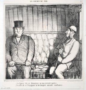Werk von Honore Daumier (1808-1879). Charivari stammt aus dem Jahr 1864: Serie LES CHAINS DE RAILWAY - Die Figur dieses Herrn kommt mir nicht bekannt vor. - Der Kopf dieses Reisenden erweckt in mir kein Vertrauen. MUSEE DES BEAUX ARTS - PALAIS LONGCHAMP, M von Honoré Daumier