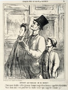 Charivari von 1865: Serie CRUQUIS PAUIT AU SALON. Vor einem Gemälde von Manet - Warum zum Teufel hat sich diese dicke Frau in Rot und im Hemd Olympia genannt? - Aber mein Freund, vielleicht heißt die schwarze Katze so? MUSEE DES BEAUX ARTS - PALAIS LONGCHA