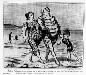An den Seebädern: Pariser Familie spaziert am Strand von Honoré Daumier