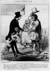 Wahlkandidat besucht eine Bauernfamilie: „Die Karotte der Wahl“ - Karikatur von Daumier, in „Charivari“ vom 21.03.1844