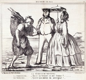 Karikatur über Pariser Touristen im Urlaub. Serie „Ax Bains de Mer“: „Das Garnelenfischen...“ Gravur von Honore Daumier (1808-1879). Auszug aus der Zeitung „Le Charivari“ vom 5. September