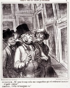 Karikatur über Kunstliebhaber. Serie „Skizze im Salon von Daumier“: „Besucher: Oh! für den Coup hier ist eine wirklich unsinnige Komposition (...). Künstler: Bürgerlicher Idiot, geh!“. Gravur von Honore Daumier. Auszug aus der Zeitung „Le Charivari“