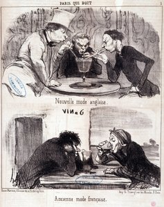 Karikatur über gastronomischen Missbrauch. Serie „Paris, das trinkt“: neue englische Mode und alte französische Mode. Gravur von Honore Daumier. Auszug aus der Zeitung „Le Charivari“ 23. Juni 1852 von Honoré Daumier