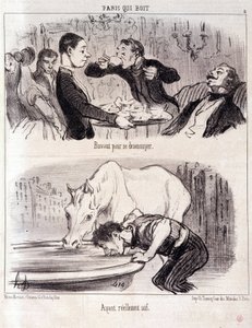 Karikatur über gastronomischen Missbrauch. Serie Paris trinkt: „Trinken aus Langeweile. Wirklich durstig.“ Gravur von Honore Daumier (1808-1879). Auszug aus der Zeitung „Le Charivari“ 16. Juni 1852 Dim 37x26cm Inv D 2310 - Box 24 Nr. 5. Marseille, Musée de von Honoré Daumier