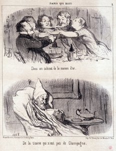 Karikatur über gastronomischen Missbrauch. Serie „Paris, das trinkt“: „In einem Kabinett des Hauses d